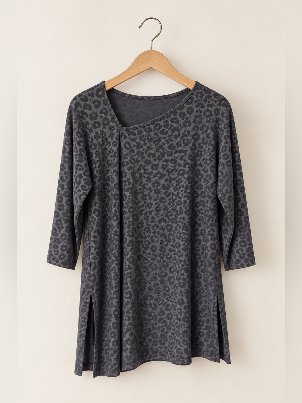 Sympli | Gray Leopard Printed Jersey Stretch Tunic Top Asymmetrical Neckline